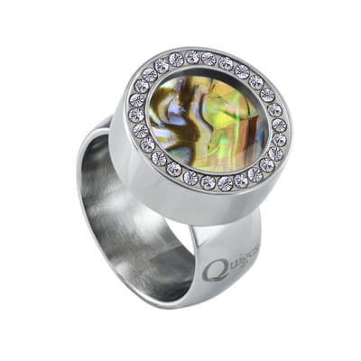 Quiges RVS Schroefsysteem Ring met Zirkonia Zilverkleurig Glans 16mm met Verwisselbare Multi Groen Schelp 12mm Mini Munt
