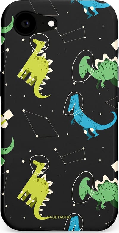 Casetastic hoesje geschikt voor Apple iPhone 16e / Apple iPhone 17e - MagSafe - Dubbellaagse bescherming - Dino in de sterren - Fashion Case - Zwart Groen