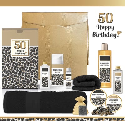 Geschenkset “50 Jaar Happy Birthday!” - 10 producten - 1450 gram | Giftset voor haar - Luxe wellness cadeaubox - Cadeau Vrouw Vijftig jaar - Gefeliciteerd - Gift Set Verjaardag - Geschenk Pakket - Cadeaupakket - Verjaardagscadeau - Panter Zwart Goud