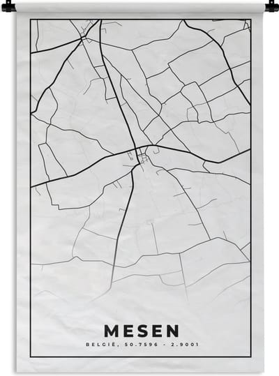 Wandkleed - Wanddoek - Stadskaart – Plattegrond – België – Zwart Wit – Mesen – Kaart - 120x180 cm - Wandtapijt