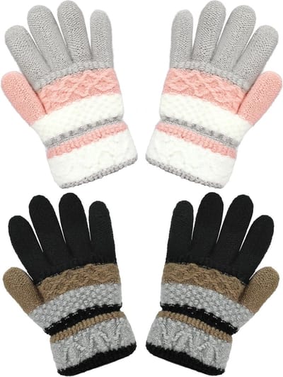 Warm Gebreide Winterhandschoenen voor Kinderen - 2 Paar Volledige Vinger, Thermisch en Kleurrijk voor Jongens en Meisjes van 4-10 Jaar