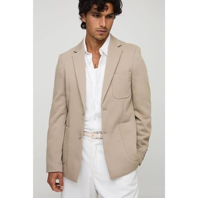 Slim Fit Single Breasted Twill Pocket Detail Blazer | Stone | Size 46
