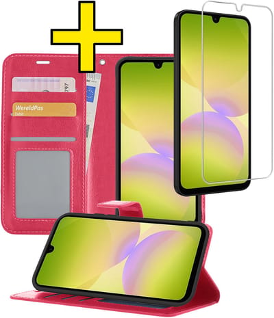 Hoesje - Met Screenprotector - Geschikt voor Samsung Galaxy A26 - Luxe Pasjeshouder - Bookcase Portemonee - Flip Case - Kunstleer Book Case - Flipcase - Book Cover - Walletcase - Portemonneehoes - Telefoonhoesjes - Donkerroze