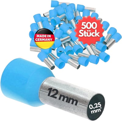 500 stuks Kalitec AE02512HBL adereindhulzen geïsoleerd 0,25 mm² 12 mm lang lichtblauw I Made in Germany I Industriële kwaliteit