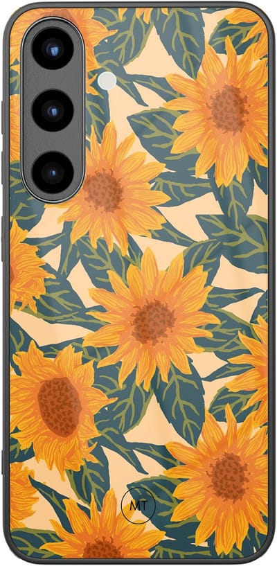 Hoesje geschikt voor Samsung Galaxy S25 - Zonnebloemen - Hard Case Zwart Back Cover - Natuur - Oranje - Mooie Telefoonhoesjes