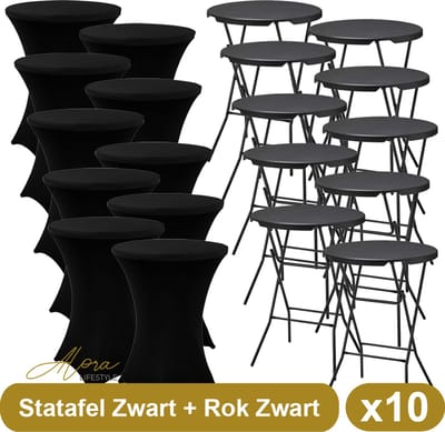 Alora 10x Zwarte Statafel + Zwarte Statafelrok x10 – ø80 cm x 110 cm hoog - Cocktailtafel - Hoge staan tafel - Breed Blad - Inclusief zwarte Statafelhoes - Staantafelrok Stretch - Bartafel rond - Sta tafel Horeca
