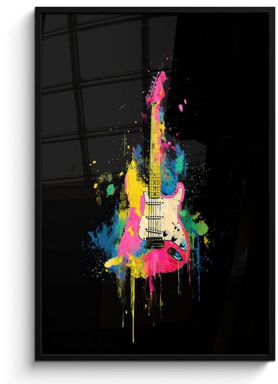 Poster in lijst - Fotolijst 80x120 cm - Posters - Gitaar - Kleurrijk - Verf - Posterlijst zwart - Decoratie - Wanddecoratie woonkamer - Muurdecoratie slaapkamer