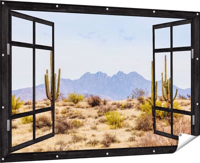 Gards Tuinposter Doorkijk Cactussen in de Woestijn - 180x120 cm - Tuindoek - Tuindecoratie - Wanddecoratie buiten - Tuinschilderij