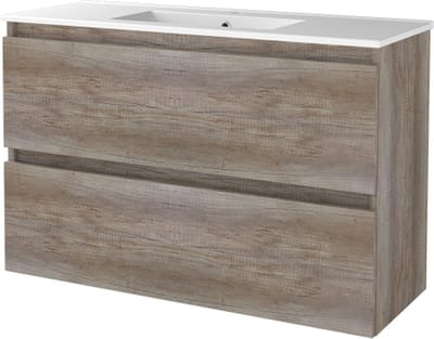 Basic Start 39 badmeubelset met greeploze wastafelonderkast met 2 lades en porseleinen wastafel met 1 kraangat 100 x 39 cm, scotch oak