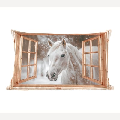 Sierkussens - Kussentjes Woonkamer - 60x40 cm - Doorkijk - Paard - Wit - Winter - Sneeuw - Dieren