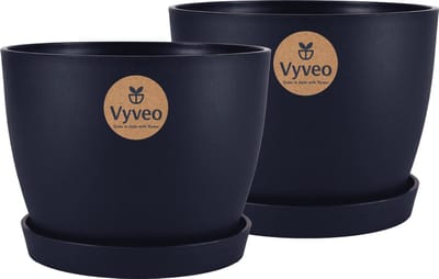 Vyveo - Bloempot Lunda met onderzetter - Set van 2 - 14x10 - Zwart - Bloempot voor binnen en buiten - Lichtgewicht - Breukbestendig - Vorstbestendig - UV-bestendig