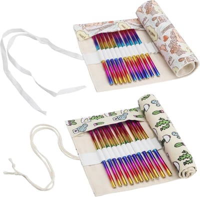 2 Stuks Canvas Pen Roll met 36 Holes, Wasbare Cactus Design voor Kleurpotloden en Waterverf (46x20CM)