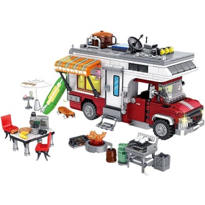 MOC Technische Camper-Van Bouwstenen met LED Verlichting DIY Model Baksteen voor Volwassenen Tieners Kerst Verjaardag Cadeau gray