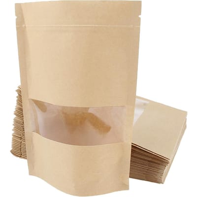 50x Kraft papieren zak stazak voedsel ziplock verpakking met venster 9x14+3 14x20+4