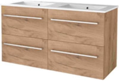 Basic-Line Start 46 Badkamermeubelset - 120 x 46 cm - Met Grepen - 4 Lades - Keramische Wastafel - 2 Kraangaten - Whisky Oak