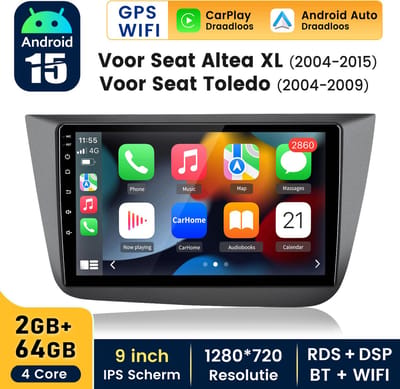 HexinexMarket Quad-Core autoradio Geschikt voor Seat Altea XL 2004-2015 - Draadloos CarPlay, Android Auto, multimediaspeler, 2GB+64GB