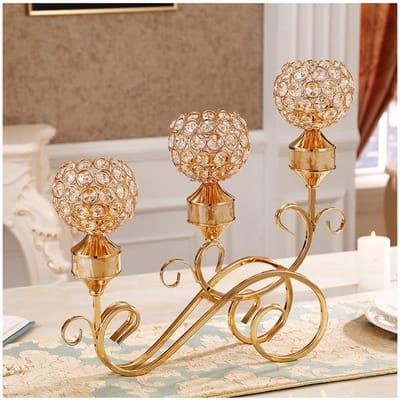 Kandelaar Ornament - Kaarsenhouder Metaal - Romantisch Diner - Handgezet Diamant - 26 x 43 cm - Goudkleurig