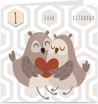 1 JAAR GETROUWD | kaart / wenskaart met envelop | UILTJES | voor trouwdag / huwelijksjubileum