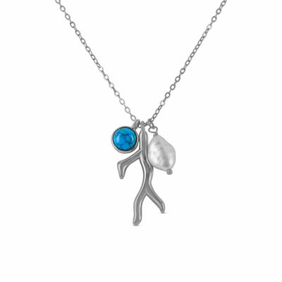 New Bling 9SIL-21972 Zilveren Ketting met Hangers - Dames - 3 Hangers - Parel - 9,9 x 7,2 mm - Fantasie - 25 x 9,7 mm - Blauw Turkoois - 7,2 mm Doorsnee - Ankerschakel - 40 + 5 cm - Rhodium - Zilver