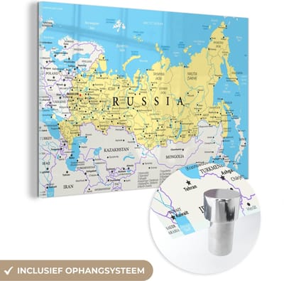 ® Glasschilderij 120x80 cm - Schilderij acrylglas - Illustratie van een deel van de wereldkaart met Rusland - Foto op glas - Muurdecoratie woonkamer - Wanddecoratie slaapkamer - Schilderijen