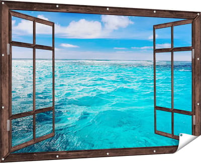 Gards Tuinposter Doorkijk Blauwe Caribische Zee Water - 180x120 cm - Tuindoek - Tuindecoratie - Wanddecoratie buiten - Tuinschilderij