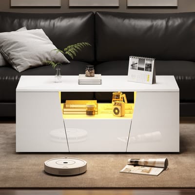 Wishdor Salontafel 100x50x40 cm van spaanplaat, wit hoogglans met LED-verlichting en onregelmatig design