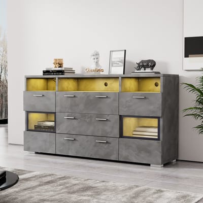 Dressoir - 140x40x80 cm - Modern met LED - Acryl Deuren en 3 Laden - Spaanplaat - Grijs