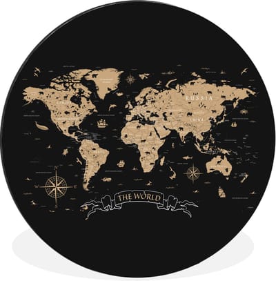 WallCircle - Wandcirkel - Muurcirkel - Wereldkaart - Beige - Zwart - Aluminium - Dibond - 30x30 cm - Binnen en Buiten