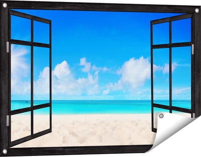 Gards Tuinposter Doorkijk Strand en Zee met Helder Witte Zand - 90x60 cm - Tuindoek - Tuindecoratie - Wanddecoratie buiten - Tuinschilderij