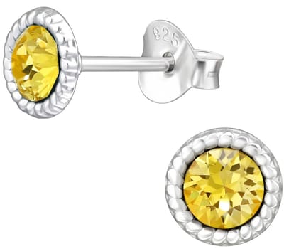 Joy|S - Zilveren ronde oorbellen - kristal geel - 6 mm - oorknoppen - sterling zilver 925 - zilver bolletjes randje