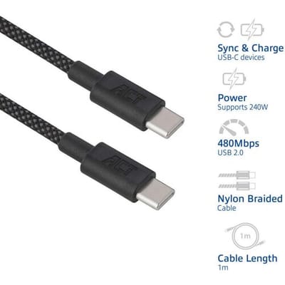 ACT USB 2.0 240W laad- en datakabel USB-C naar USB-C, zwart, 1 meter AC3086
