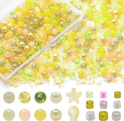 Glazen kralen voor het maken van armbanden, kleurrijke kristallen kralen voor het maken van sieraden, set, afstandhouder, 8 mm, verschillende kralen, oceaan, zeesterkralen en rocailles(geel)