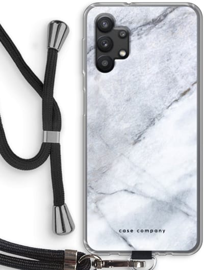 Hoesje met koord geschikt voor Samsung Galaxy A32 5G hoesje met Koord - Witte marmer - Telefoonhoesje met Zwart Koord - Bescherming aan alle Kanten en Over de Schermrand