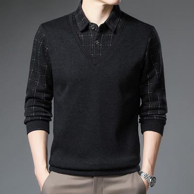 Papa Katoenen T-shirt Heren Lange Mouw Effen Kleur Middenleeftijd Heren Nieuwe Stijl Revers Casual Losse Nep Tweedelig Onderhemd XXXXL black