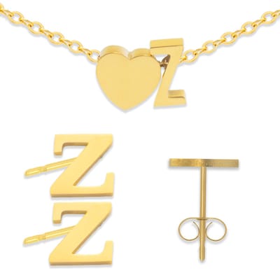 Initiaal Armband & Oorbellen set met Letter Z Goudkleurig - Stainless Steel - Met letter & Hartje! - 2x Sieraden Cadeau - Pax Amare
