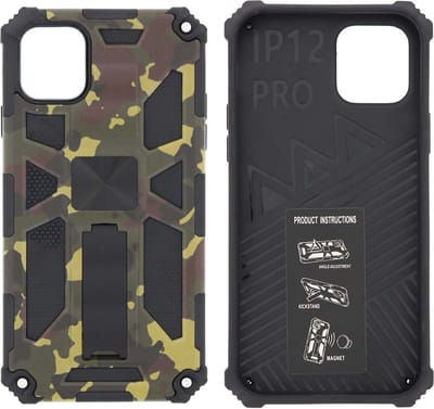 Hoesje Geschikt voor iPhone 12 (Pro) Hoesje - Rugged Extreme Backcover Army Camouflage met Kickstand - Groen