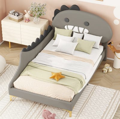MEUNIQ kinderbed 90x200 cm met dinosaurusvormig hoofdbord, lattenbodem en laag bedframe voor kinderkamer, grijs kunstleer en MDF