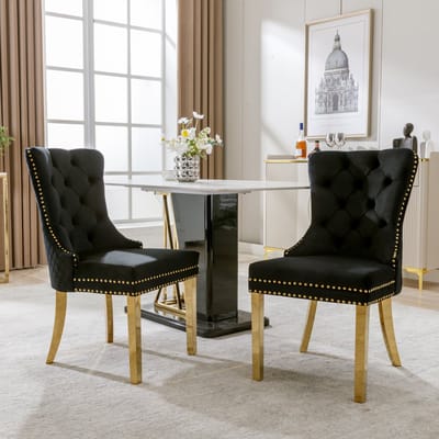 STILVORA Eetkamerstoel - Luxe Velvet Met Ronde Zugringen - Set van 2 - Stijlvol Design Voor Keuken en Woonkamer - Zwart/Goud