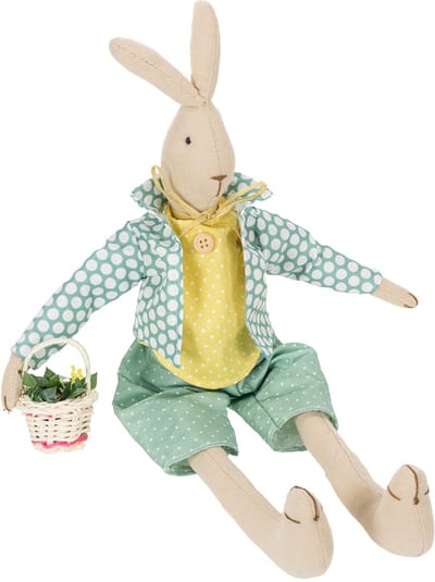Paashaas van stof, konijn met kleren, paasdecoratie, jong konijn H46cm