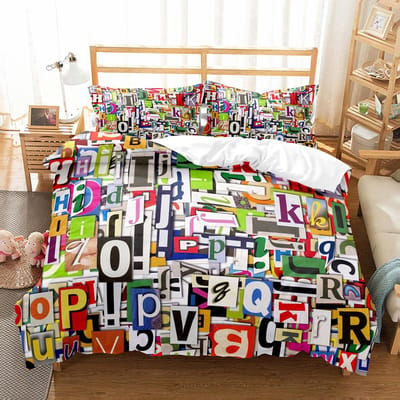 Alfabet Dekbedovertrek Set Kleurrijk Letterpatroon Polyester Dekbedovertrek King Queen Full Size Voor Kinderen Jongens Meisjes Beddengoed Set EU single(135x200cm)