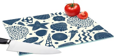 Glazen Snijplank - 39x28 - Schelpen - Strand - Blauw - Patroon - Snijplanken Glas