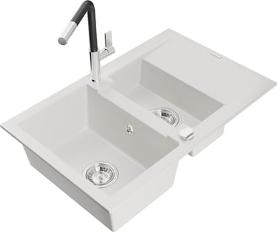 Mexen Gaspar granieten spoelbak 1,5-komoren met afdruiprek en keukenkraan Flora, wit - 6507-20-670401-07