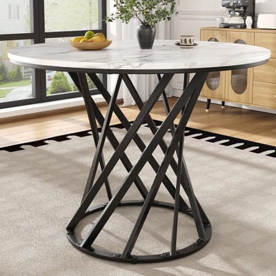 DESMIU Ronde Eettafel Met Stevige Metalen Poten En Marmerlook Blad Voor Eetkamer Woonkamer Of Werkkamer MDF Zwart Wit 80 X 80 X 76 Cm