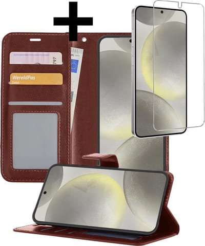Hoesje - Met Screenprotector - Geschikt voor Samsung Galaxy S24 - Luxe Pasjeshouder - Bookcase Portemonee - Flip Case - Kunstleer Book Case - Flipcase - Book Cover - Walletcase - Portemonneehoes - Telefoonhoesjes - Bruin