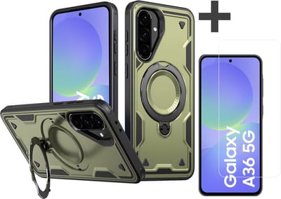 Hoesje Geschikt voor Samsung Galaxy A36 met gehard glas Screenprotector - Armor hoes met Ringhouder - Arara backcover - Groen