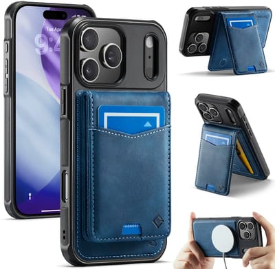 Casemania Hoesje Geschikt voor Apple iPhone 17 Pro - Navy Blue - Geschikt voor MagSafe - Back Cover met Afneembare Magnetische Pasjeshouder met Standaard - Telefoonhoesje en Kaarthouder
