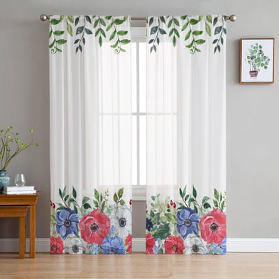 Onafhankelijkheidsdag Klaprozen Planten Bloemen Voile Transparante Gordijnen Woonkamer Raam Tule Gordijn Keuken Slaapkamer Gordijnen Huisdecoratie 135W x 114H(cm) white