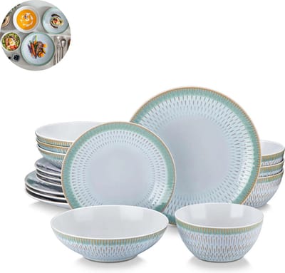 Luxe Serviesset- 16 delig – 4 persoons – Porselein - Bordenset – Dinner platen – Dessertborden - Soepplaat - Kom - Groen
