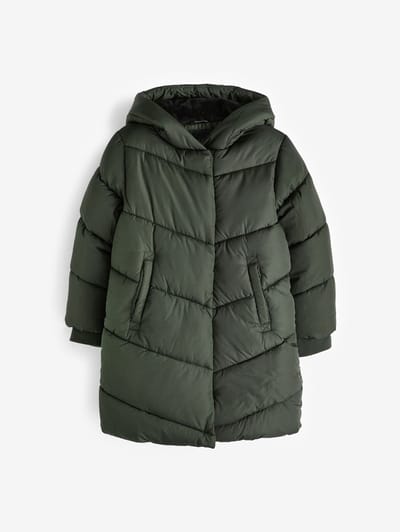 Next - Meisjes - Regenbestendige gewatteerde jas met capuchon en imitatiebontvoering - Groen