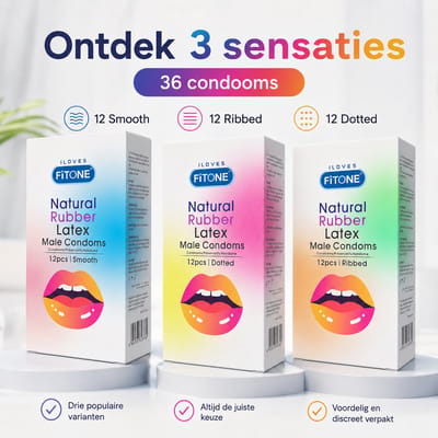 condoom mix pack –36 stuks –condooms met ribbels– condooms noppen – condooms naturel – 3 varianten– condooms met glijmiddel – condooms 52mm – FiTONE